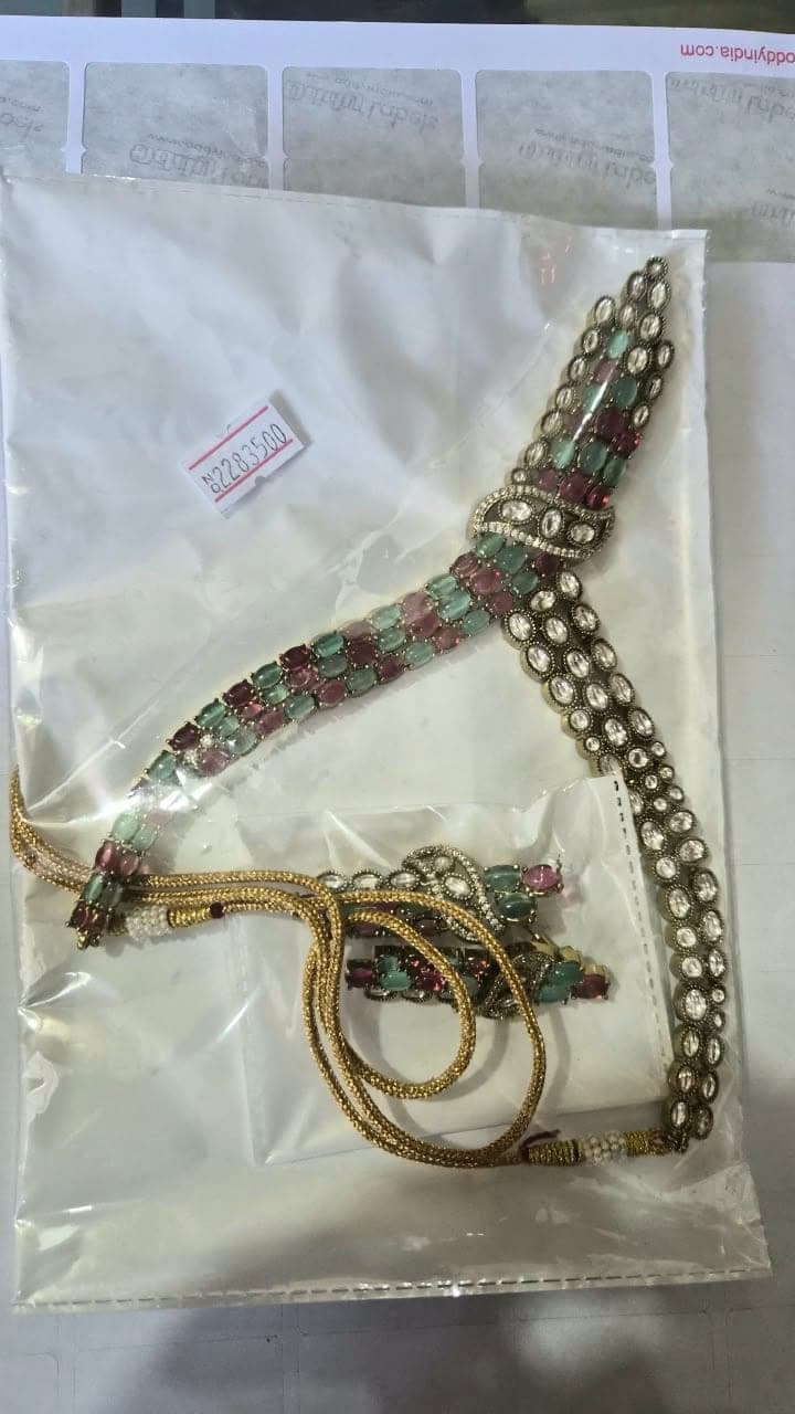 Regal Premium Moissanite Necklace with Exquisite Mint Green & Rose Pink Stone Embellishments - Jewellery at House of Radhya Kharar