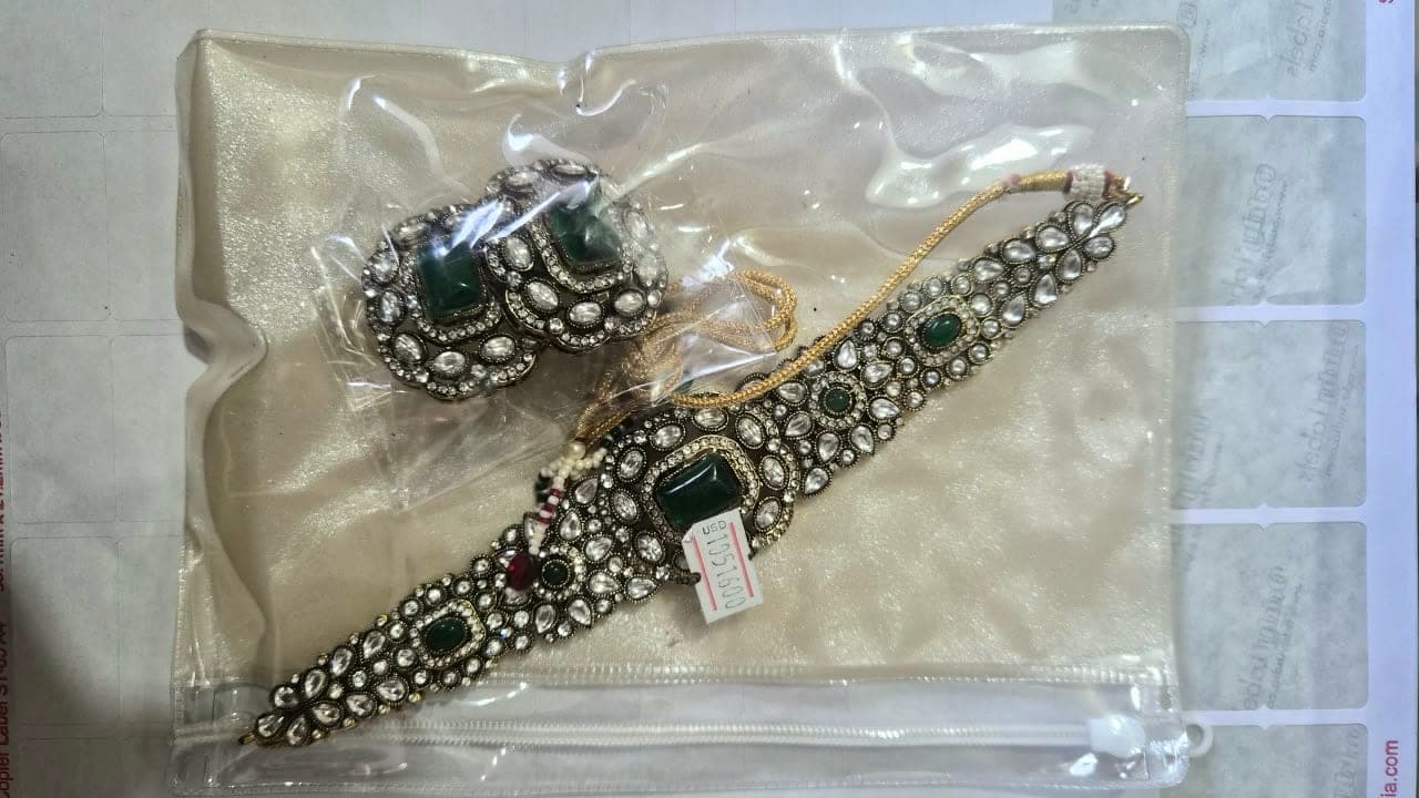 Royal Emerald Green Moissanite Necklace Set with Dazzling Stonework & Matching Statement Earrings - Jewellery at House of Radhya Kharar