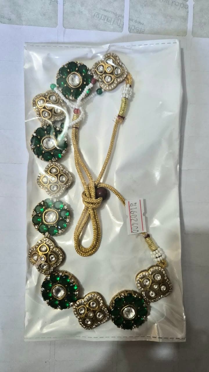 Regal Emerald Green Moissanite Necklace with Dazzling Floral Stonework & Antique Gold Detailing - Jewellery at House of Radhya Kharar