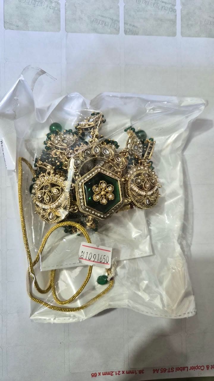 Majestic Emerald Green Moissanite Choker Necklace Set with Antique Gold Detailing & Royal Statement Earrings - Jewellery at House of Radhya Kharar