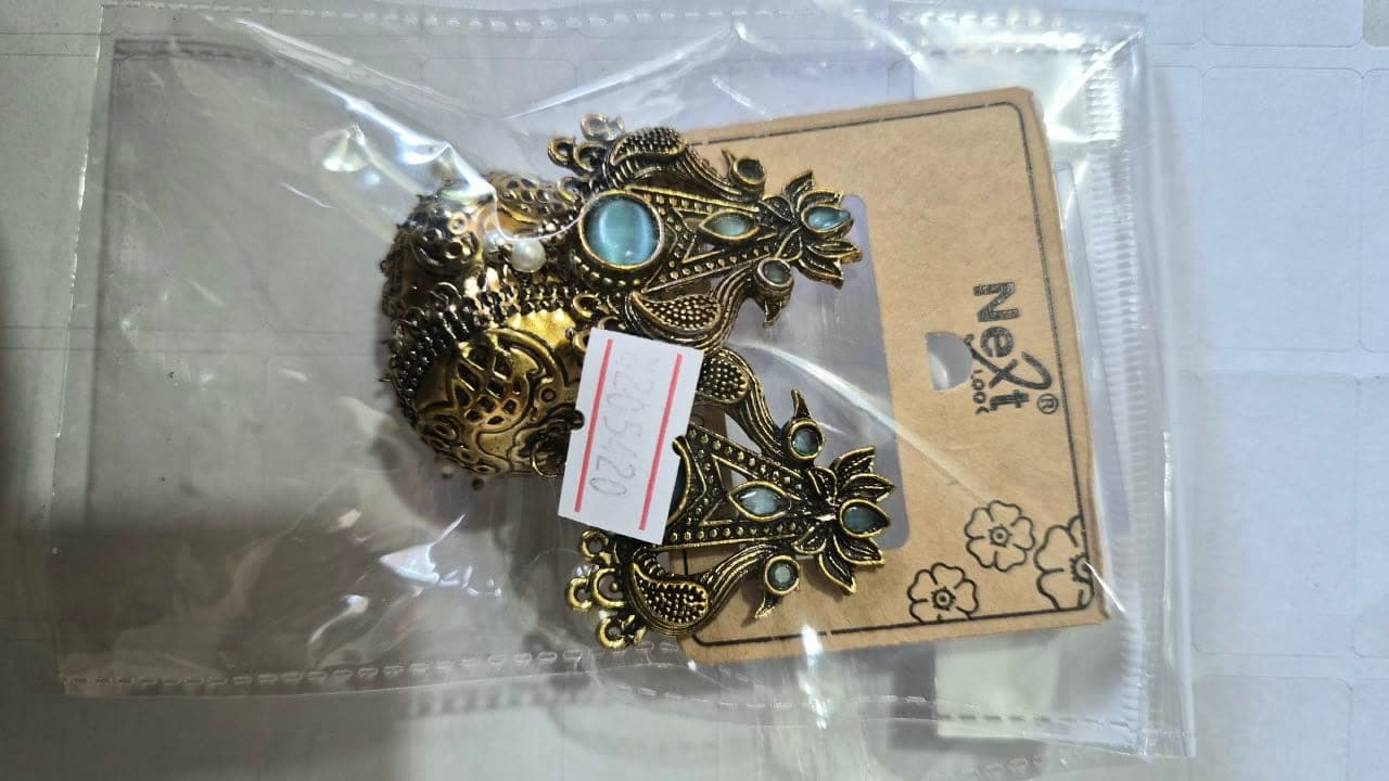 Vintage Antique Gold Peacock Jhumka Earrings with Elegant Sky Blue Stonework & Intricate Floral Detailing - Jewellery at House of Radhya Kharar